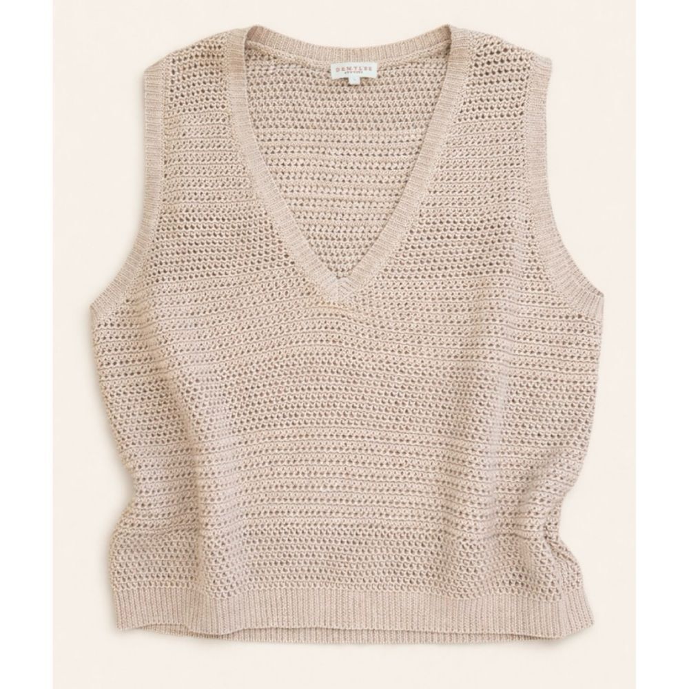 Demy Lee Open Knit Cotton Sleeveless V-Neck Sweater Crochet Pullover Vest Sand